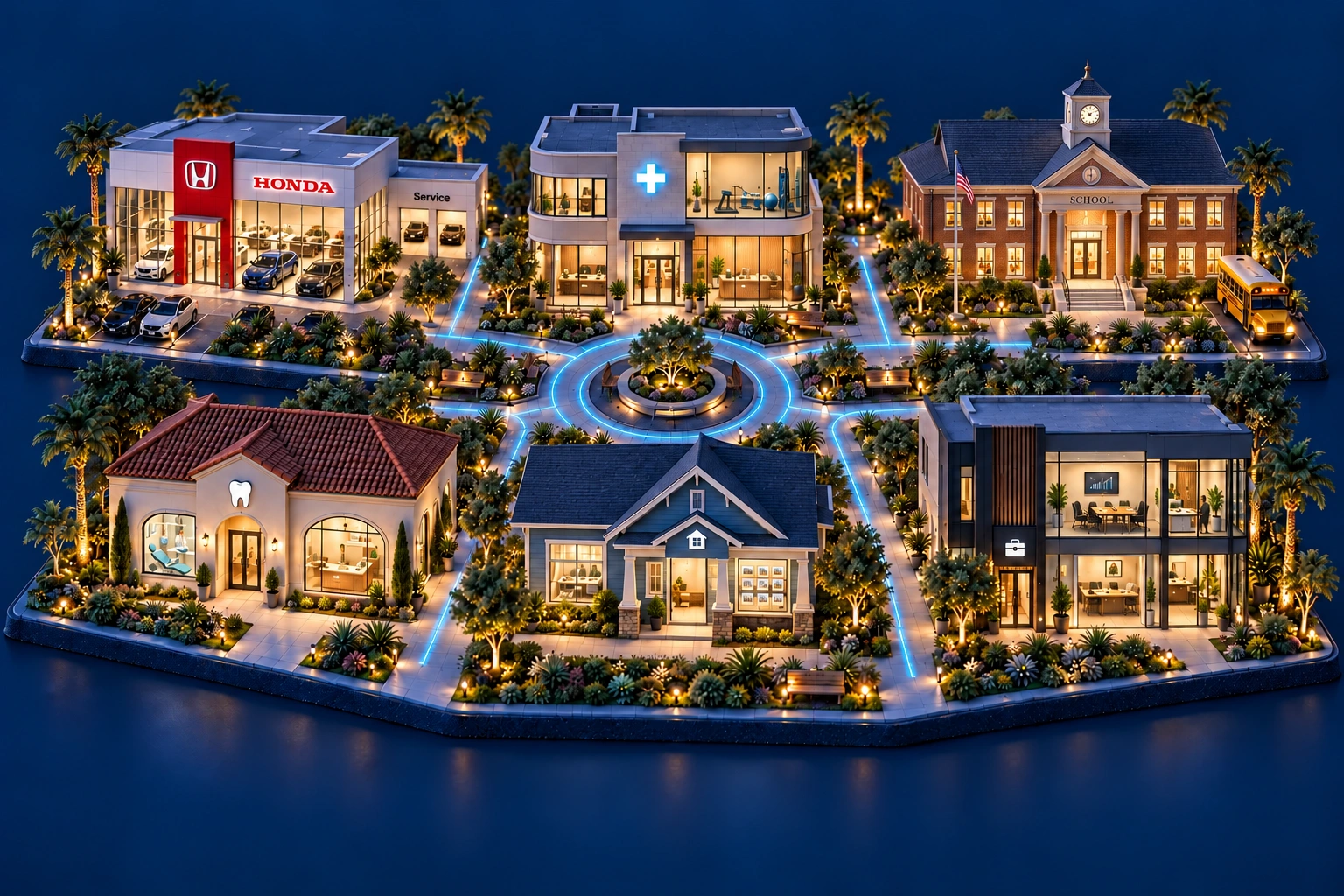 An illustrated connected neighborhood with a dental practice, auto dealership, healthcare clinic, real estate office, school, and professional office